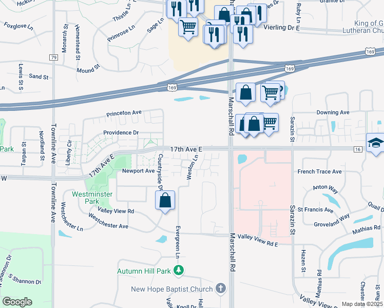 map of restaurants, bars, coffee shops, grocery stores, and more near 1712 Weston Lane in Shakopee