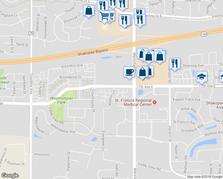 map of restaurants, bars, coffee shops, grocery stores, and more near 1712 Weston Lane in Shakopee