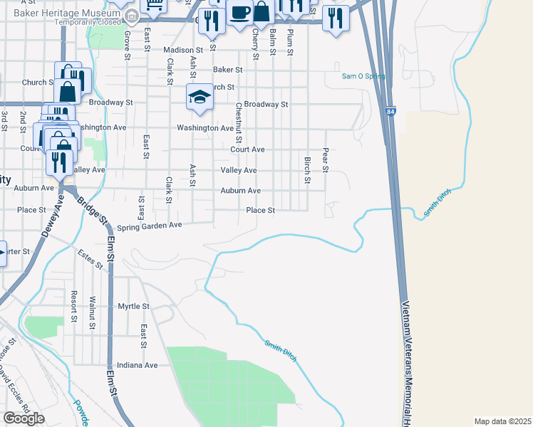 map of restaurants, bars, coffee shops, grocery stores, and more near 1015 Place Street in Baker City