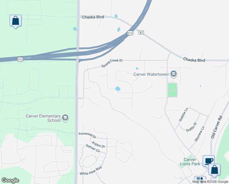 map of restaurants, bars, coffee shops, grocery stores, and more near 1889 Green Ash Drive in Carver