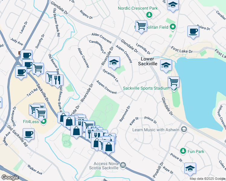 map of restaurants, bars, coffee shops, grocery stores, and more near 52 Aspen Crescent in Lower Sackville