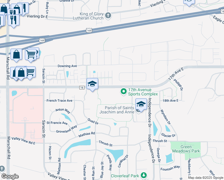 map of restaurants, bars, coffee shops, grocery stores, and more near 225 17th Avenue East in Shakopee