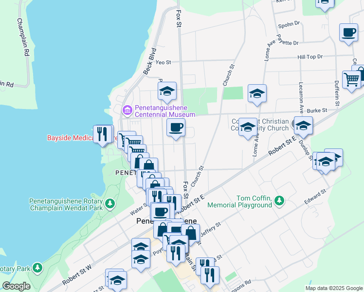map of restaurants, bars, coffee shops, grocery stores, and more near 40 Fox Street in Penetanguishene