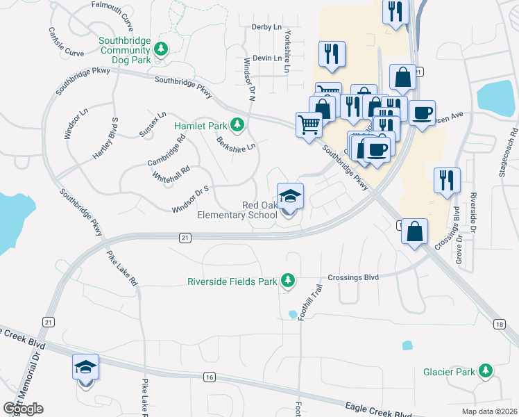 map of restaurants, bars, coffee shops, grocery stores, and more near 7417 Whitehall Road in Shakopee