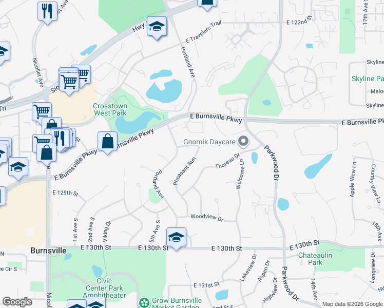 map of restaurants, bars, coffee shops, grocery stores, and more near 12704 Pheasant Run in Burnsville