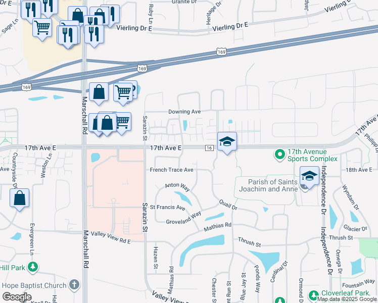 map of restaurants, bars, coffee shops, grocery stores, and more near 1705 Brittany Drive in Shakopee