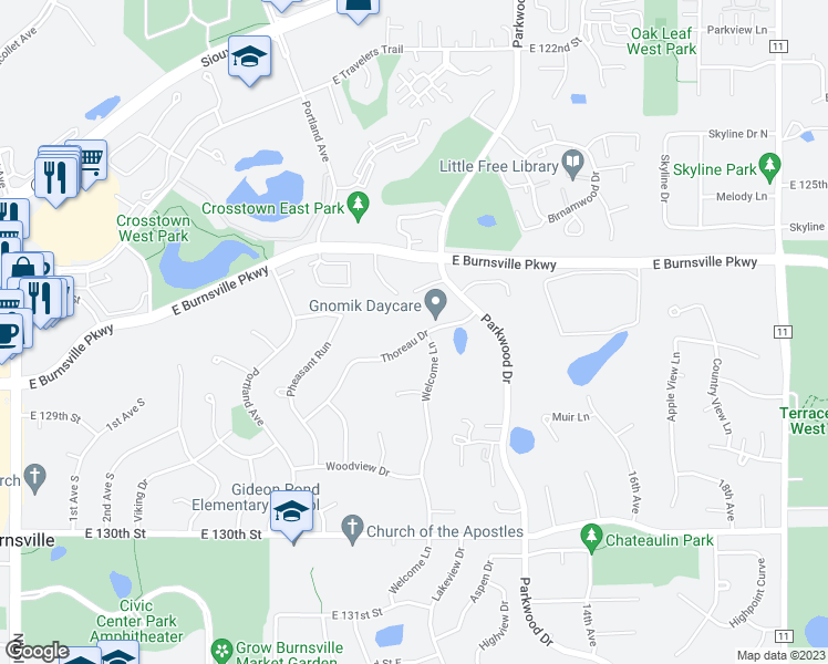 map of restaurants, bars, coffee shops, grocery stores, and more near 808 Thoreau Drive in Burnsville