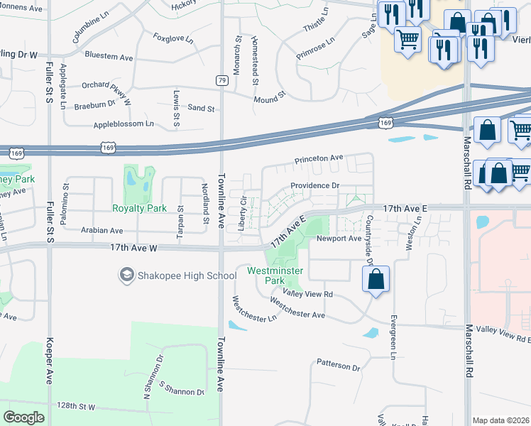 map of restaurants, bars, coffee shops, grocery stores, and more near 1627 Liberty Street in Shakopee