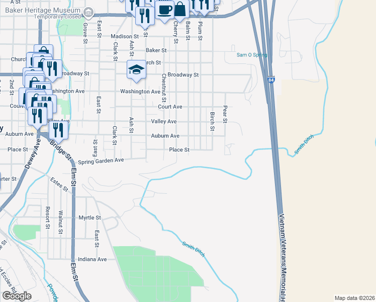 map of restaurants, bars, coffee shops, grocery stores, and more near 1015 Place Street in Baker City