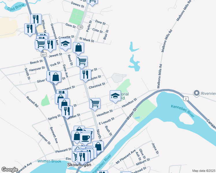 map of restaurants, bars, coffee shops, grocery stores, and more near 6 North School Street in Skowhegan