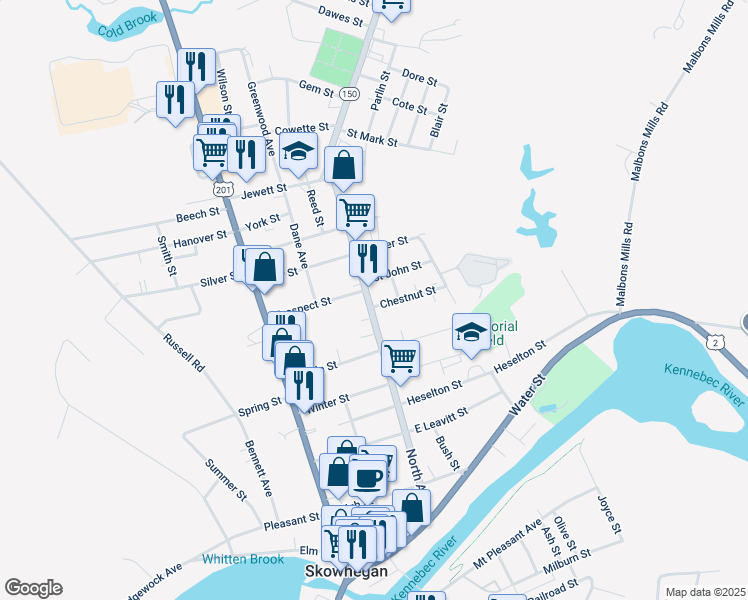 map of restaurants, bars, coffee shops, grocery stores, and more near 97 North Avenue in Skowhegan