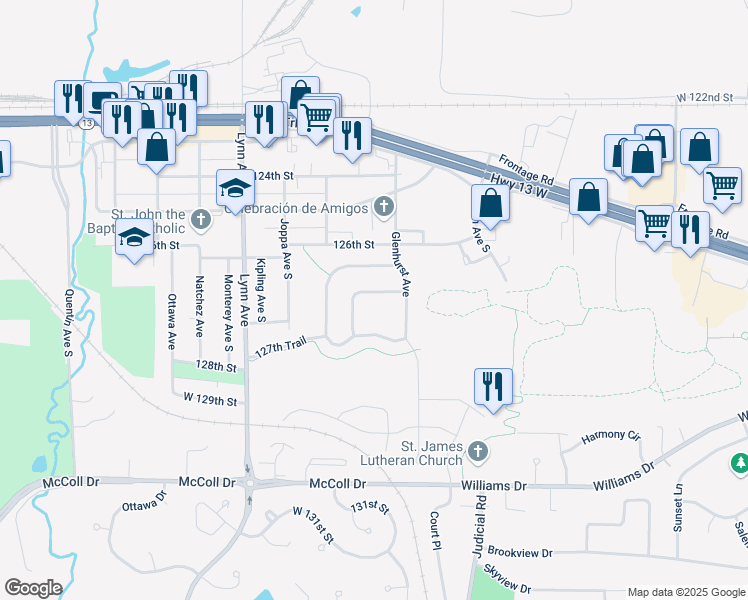 map of restaurants, bars, coffee shops, grocery stores, and more near 4019 126th Place in Savage