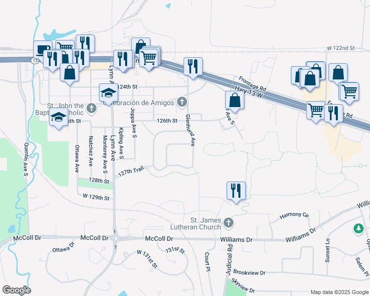 map of restaurants, bars, coffee shops, grocery stores, and more near 4019 126th Place in Savage