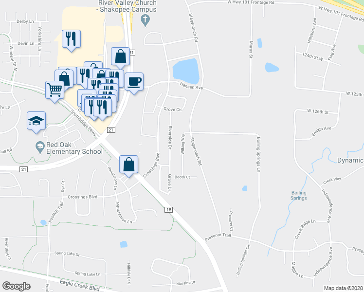 map of restaurants, bars, coffee shops, grocery stores, and more near 1716 Stagecoach Road in Shakopee