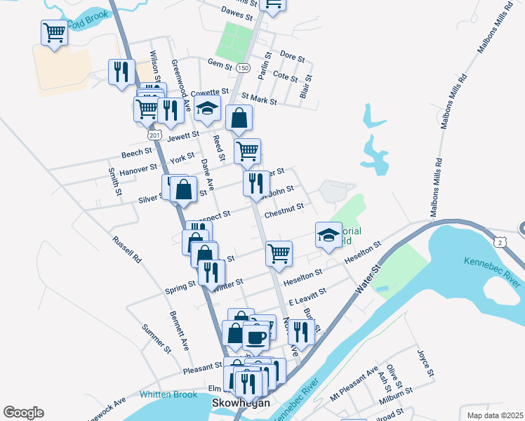 map of restaurants, bars, coffee shops, grocery stores, and more near 97 North Avenue in Skowhegan