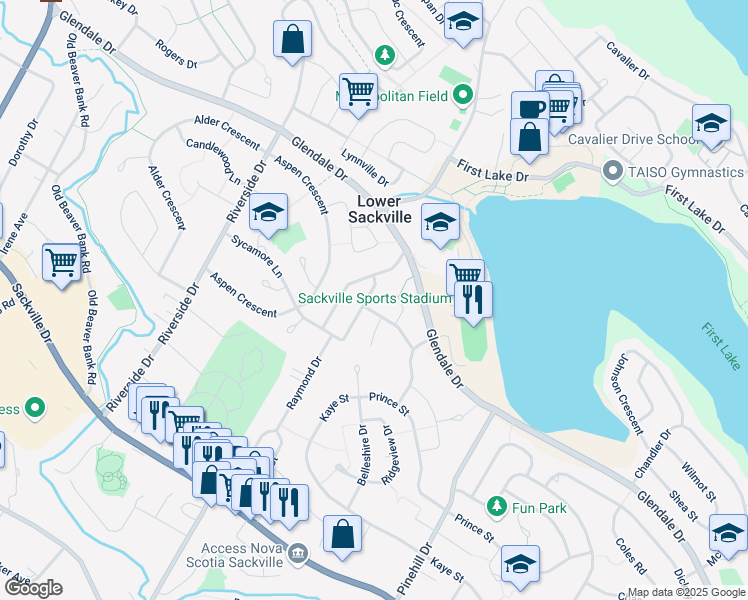 map of restaurants, bars, coffee shops, grocery stores, and more near 23 Mayfair Avenue in Lower Sackville