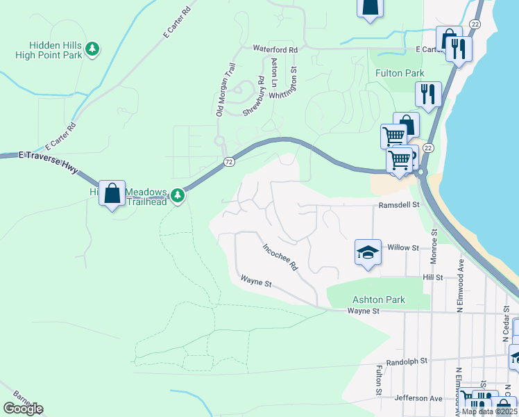 map of restaurants, bars, coffee shops, grocery stores, and more near 1600 Incochee Hill Drive in Traverse City