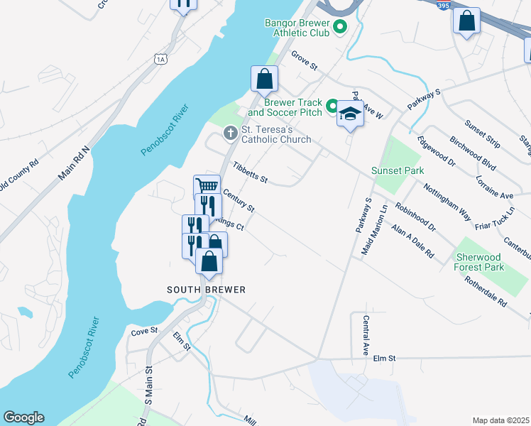 map of restaurants, bars, coffee shops, grocery stores, and more near 42 Century Street in Brewer