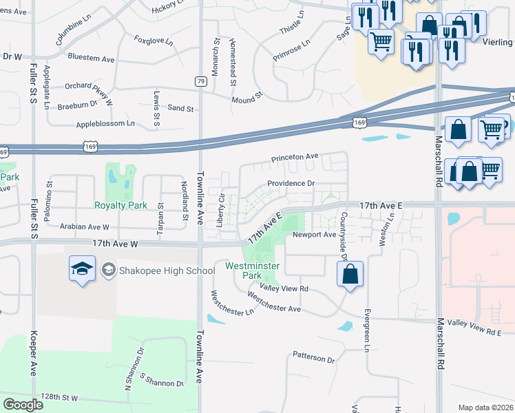 map of restaurants, bars, coffee shops, grocery stores, and more near 713 Cobblestone Way in Shakopee
