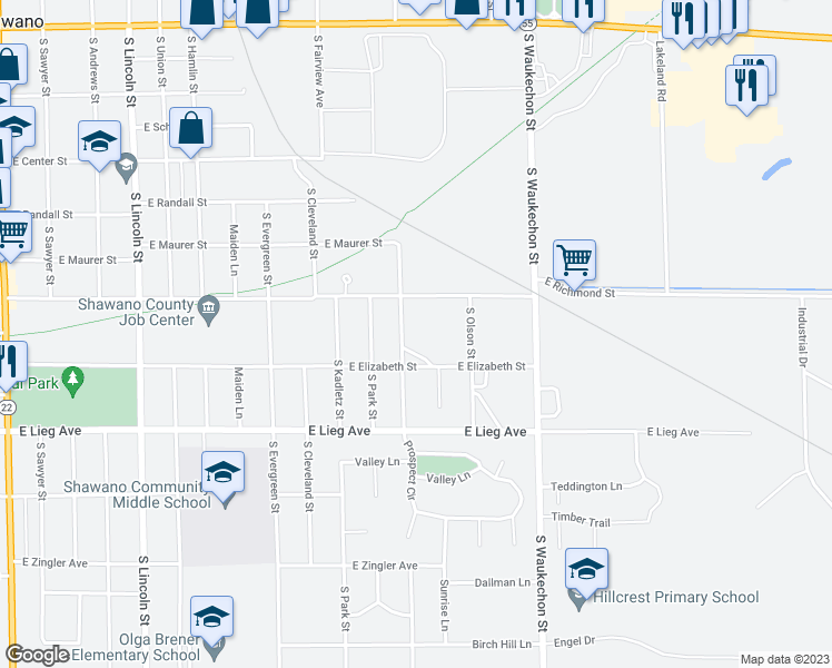 map of restaurants, bars, coffee shops, grocery stores, and more near 830 South Prospect Street in Shawano