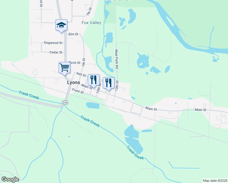 map of restaurants, bars, coffee shops, grocery stores, and more near 1215 Main Street in Lyons