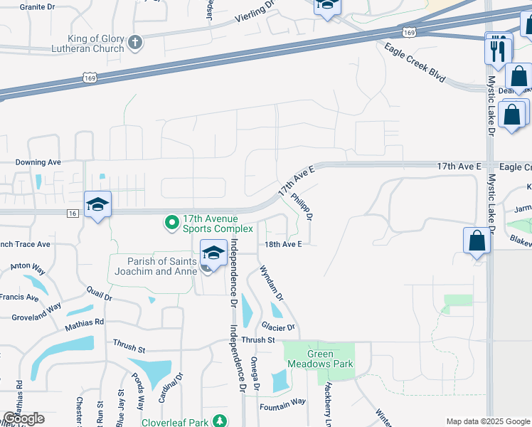 map of restaurants, bars, coffee shops, grocery stores, and more near 2869 Wyndam Court in Shakopee