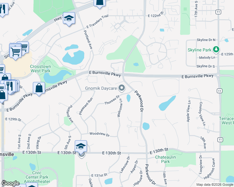 map of restaurants, bars, coffee shops, grocery stores, and more near 808 Thoreau Drive in Burnsville
