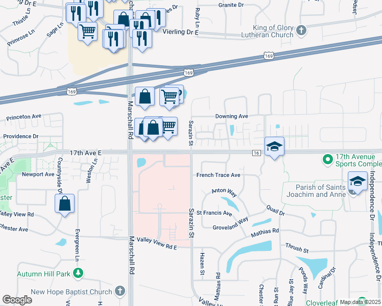 map of restaurants, bars, coffee shops, grocery stores, and more near 1575 Sarazin Street in Shakopee