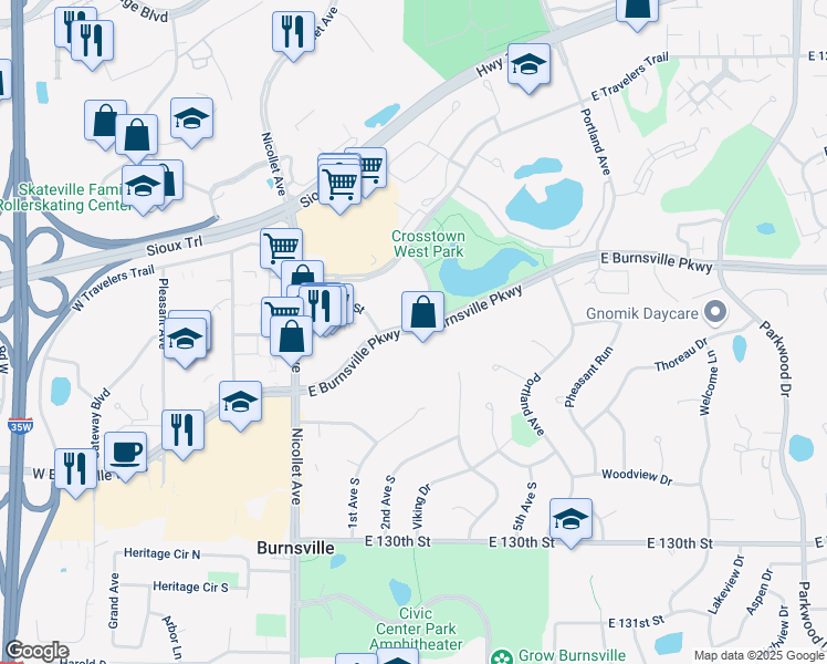 map of restaurants, bars, coffee shops, grocery stores, and more near 299 East Burnsville Parkway in Burnsville