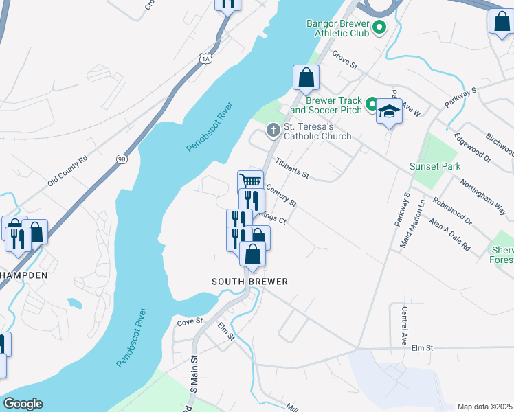 map of restaurants, bars, coffee shops, grocery stores, and more near 484 South Main Street in Brewer