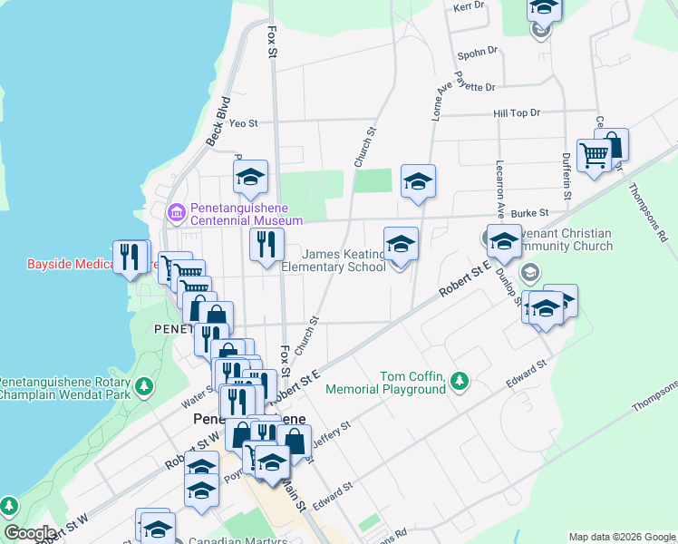 map of restaurants, bars, coffee shops, grocery stores, and more near 49 Church Street in Penetanguishene