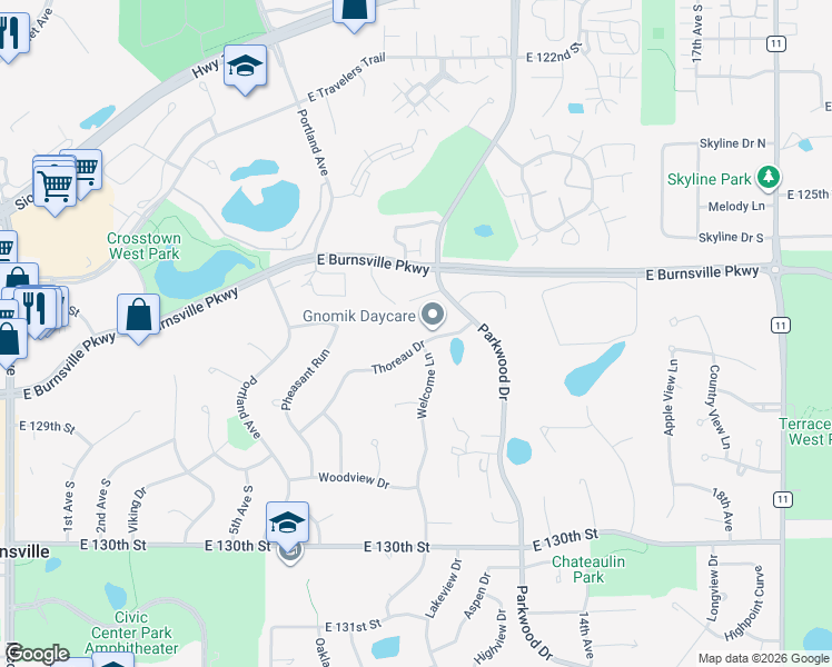 map of restaurants, bars, coffee shops, grocery stores, and more near 808 Thoreau Drive in Burnsville
