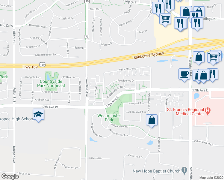 map of restaurants, bars, coffee shops, grocery stores, and more near 713 Cobblestone Way in Shakopee