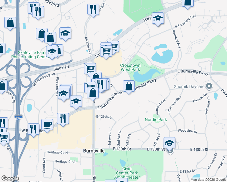 map of restaurants, bars, coffee shops, grocery stores, and more near 200 East Burnsville Parkway in Burnsville