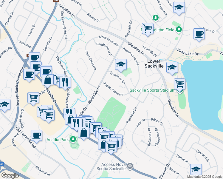 map of restaurants, bars, coffee shops, grocery stores, and more near 32 Aspen Crescent in Lower Sackville