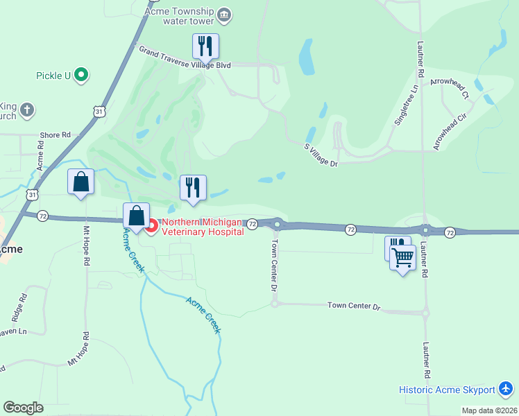 map of restaurants, bars, coffee shops, grocery stores, and more near 5733 Hilltop Way in Williamsburg