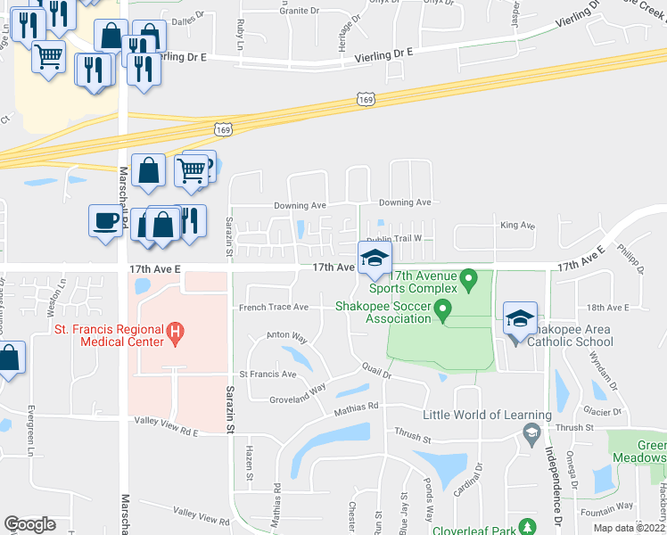 map of restaurants, bars, coffee shops, grocery stores, and more near 17th Avenue East in Shakopee