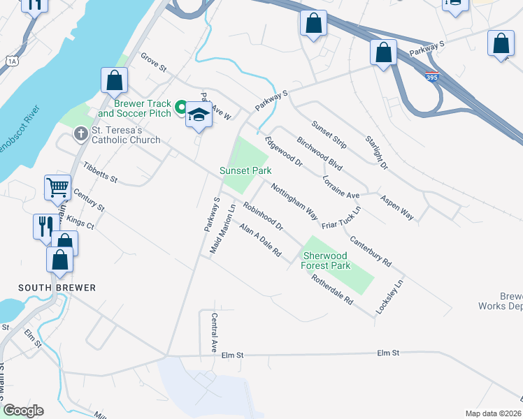 map of restaurants, bars, coffee shops, grocery stores, and more near 39 Robinhood Drive in Brewer