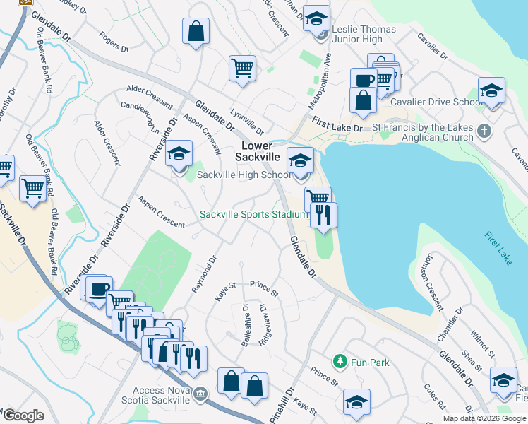 map of restaurants, bars, coffee shops, grocery stores, and more near 26 Steeves Court in Lower Sackville