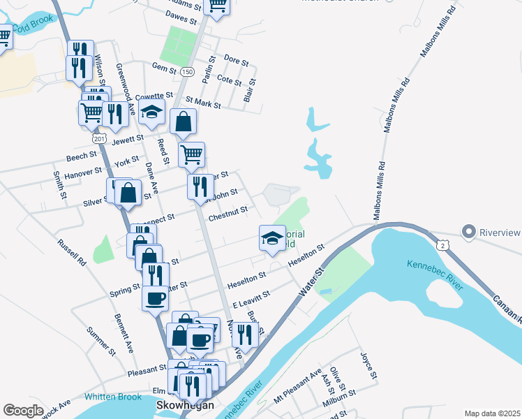 map of restaurants, bars, coffee shops, grocery stores, and more near 6 North School Street in Skowhegan