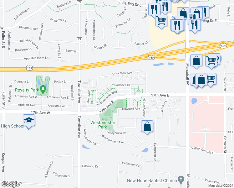 map of restaurants, bars, coffee shops, grocery stores, and more near 780 Cobblestone Way in Shakopee