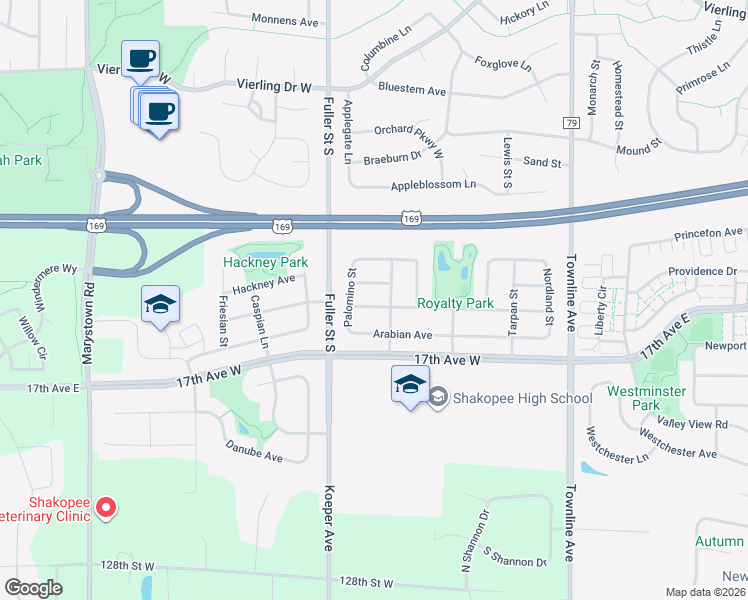 map of restaurants, bars, coffee shops, grocery stores, and more near 204 Ardennes Avenue in Shakopee