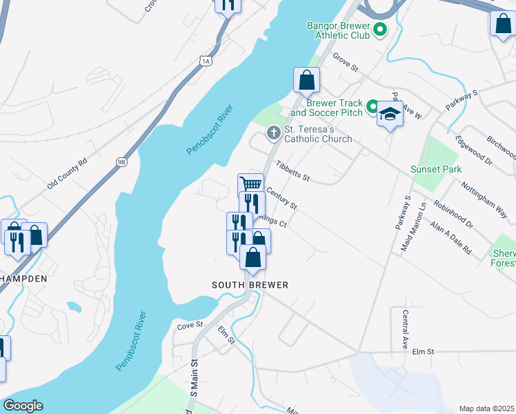 map of restaurants, bars, coffee shops, grocery stores, and more near 484 South Main Street in Brewer