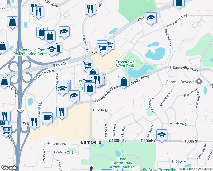 map of restaurants, bars, coffee shops, grocery stores, and more near 12609 Nicollet Avenue in Burnsville