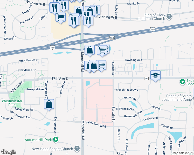 map of restaurants, bars, coffee shops, grocery stores, and more near 1685 17th Avenue East in Shakopee