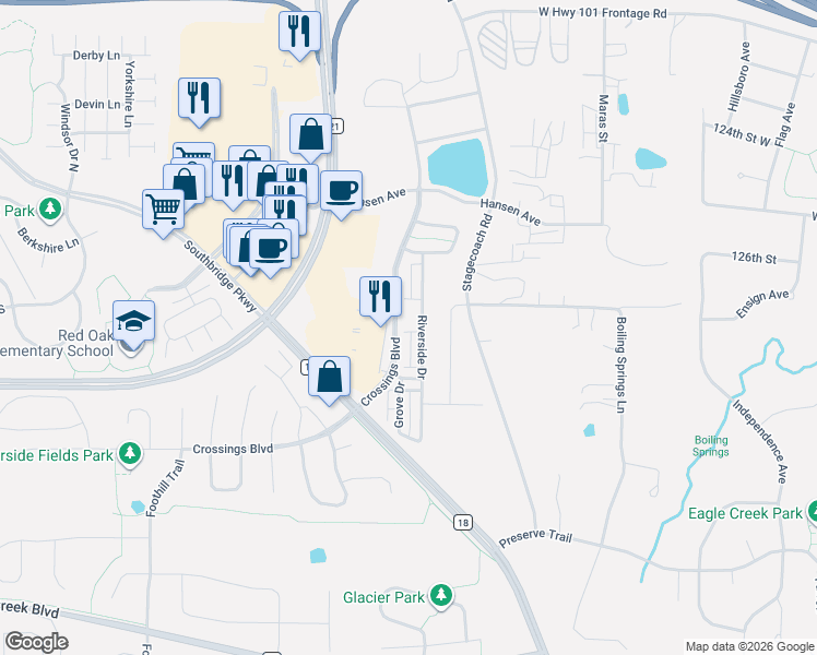 map of restaurants, bars, coffee shops, grocery stores, and more near 1718 Riverside Drive in Shakopee