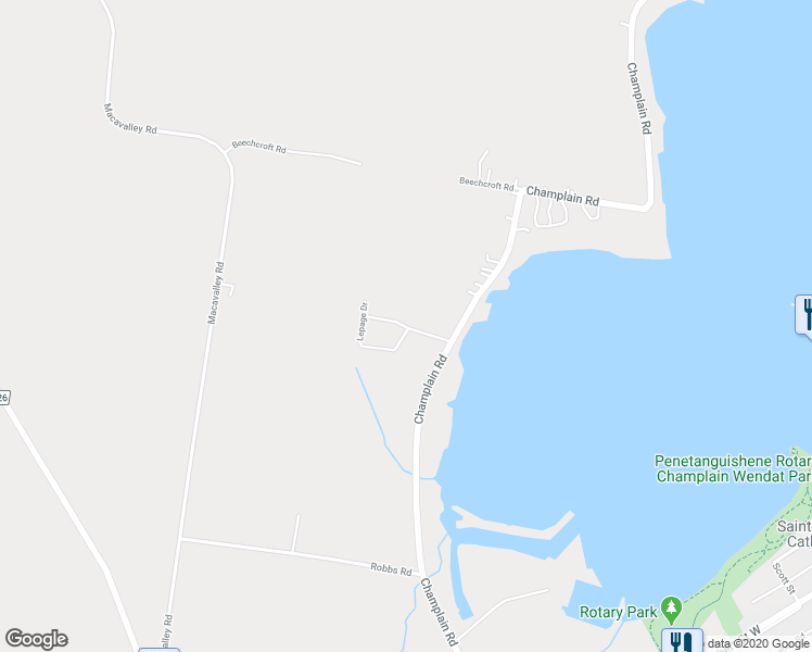 map of restaurants, bars, coffee shops, grocery stores, and more near Lepage Drive in Penetanguishene