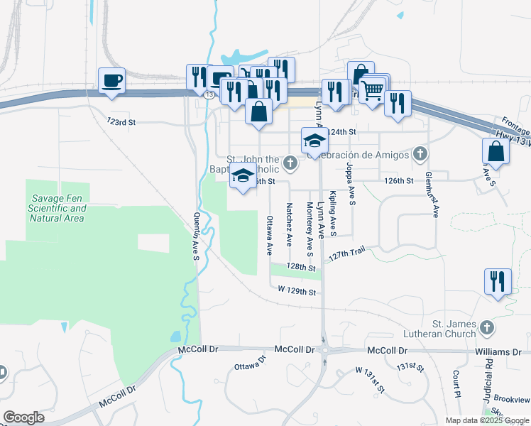 map of restaurants, bars, coffee shops, grocery stores, and more near 12697 Ottawa Avenue in Savage