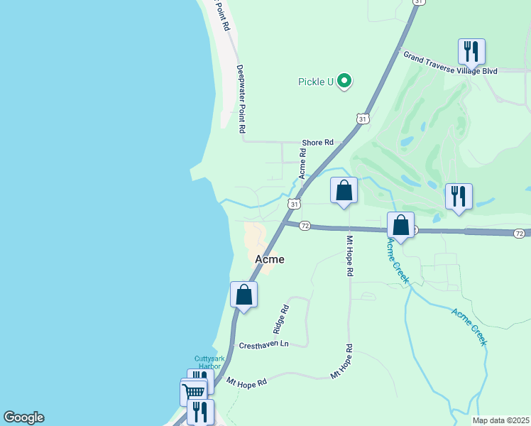 map of restaurants, bars, coffee shops, grocery stores, and more near 3470 Shores Beach Lane in Williamsburg