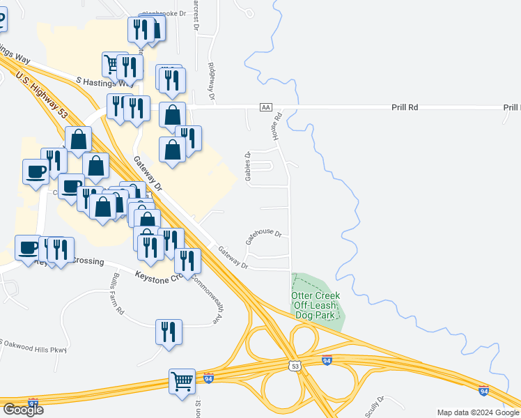 map of restaurants, bars, coffee shops, grocery stores, and more near 5601 Otter Creek Court in Eau Claire
